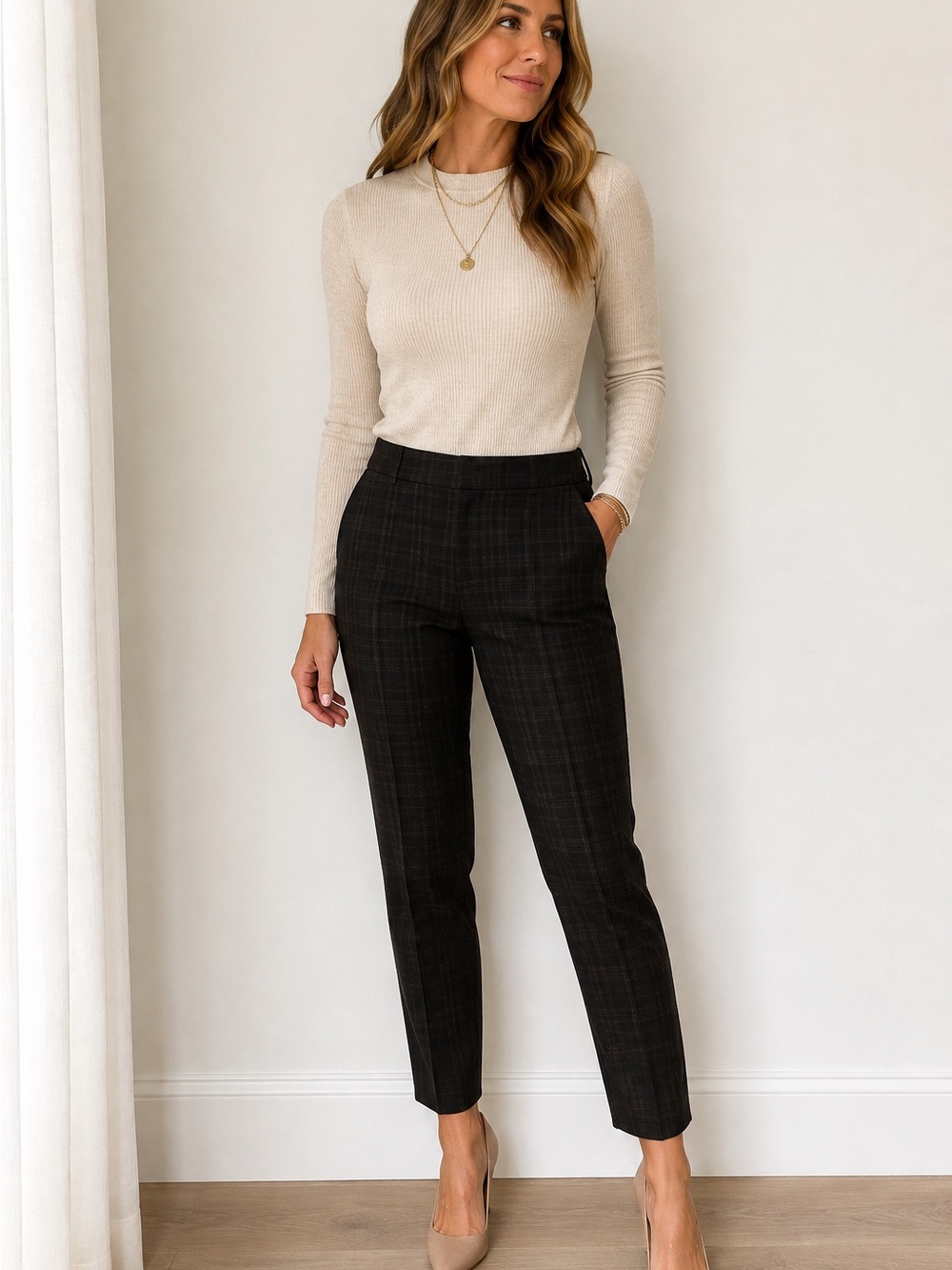 Amanda + Chelsea Black Green Plaid Tailored Ankle Pants Size 8